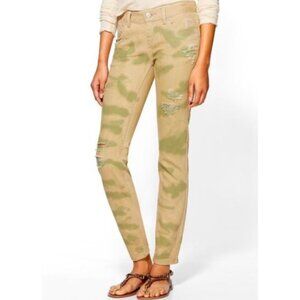 FREE PEOPLE Beige + Green Camo Distressed Mid-Rise Waist Skinny Jeans Size 27